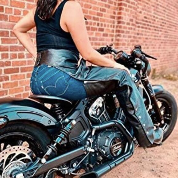 Alpha Cycle Black Cowboy Chaps - REAL Leather Motorcycle Riding Pants Unisex - Picture 3 of 7